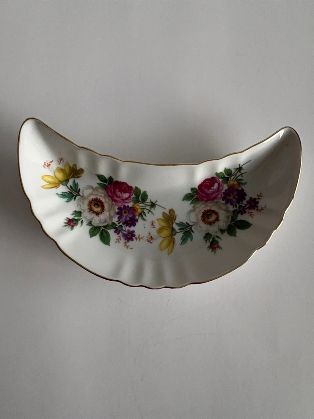 Floral Gold-Trim Porcelain Crescent Dish - White, Yellow, Pink, Purple